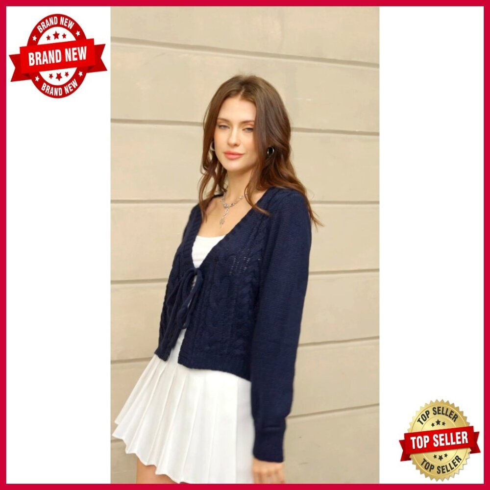 Cropped Tie Front Cardigan Sweater, Lightweight Knit, Long Sleeve, V-Neck - Picture 6 of 7
